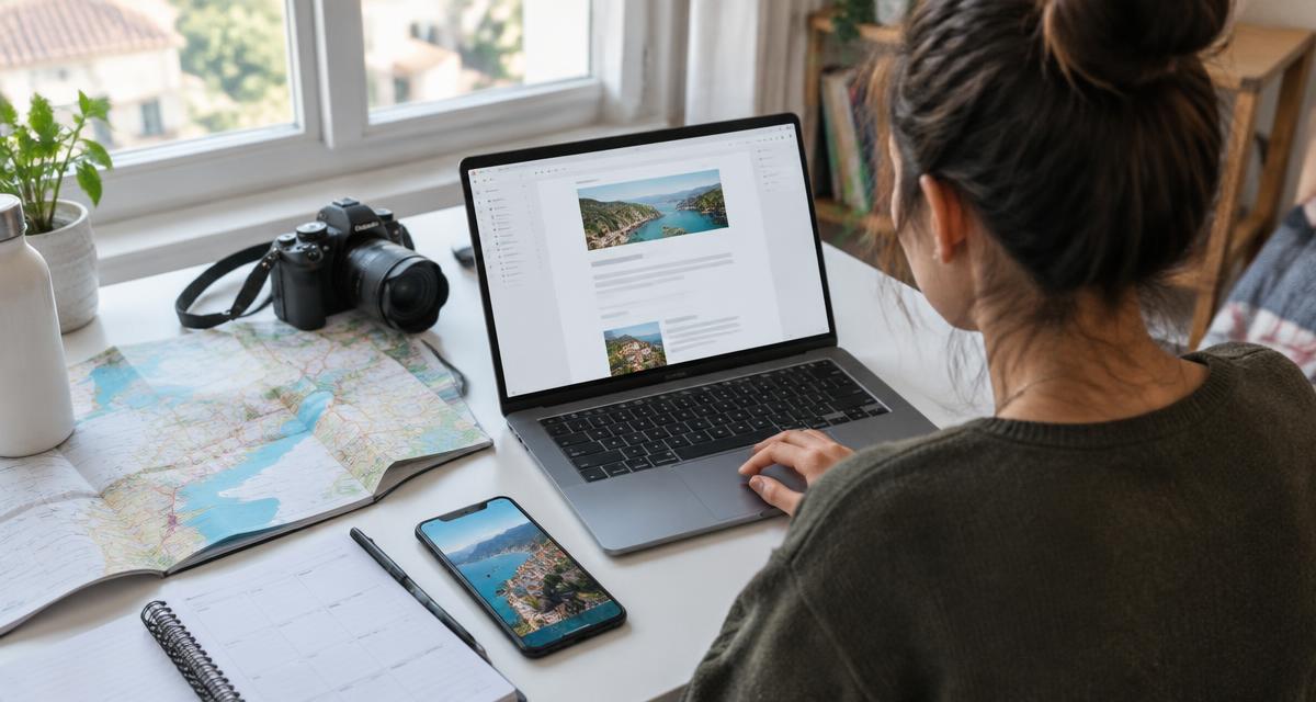 Travel blogger preparing a newsletter beside a map, camera and planning notebook