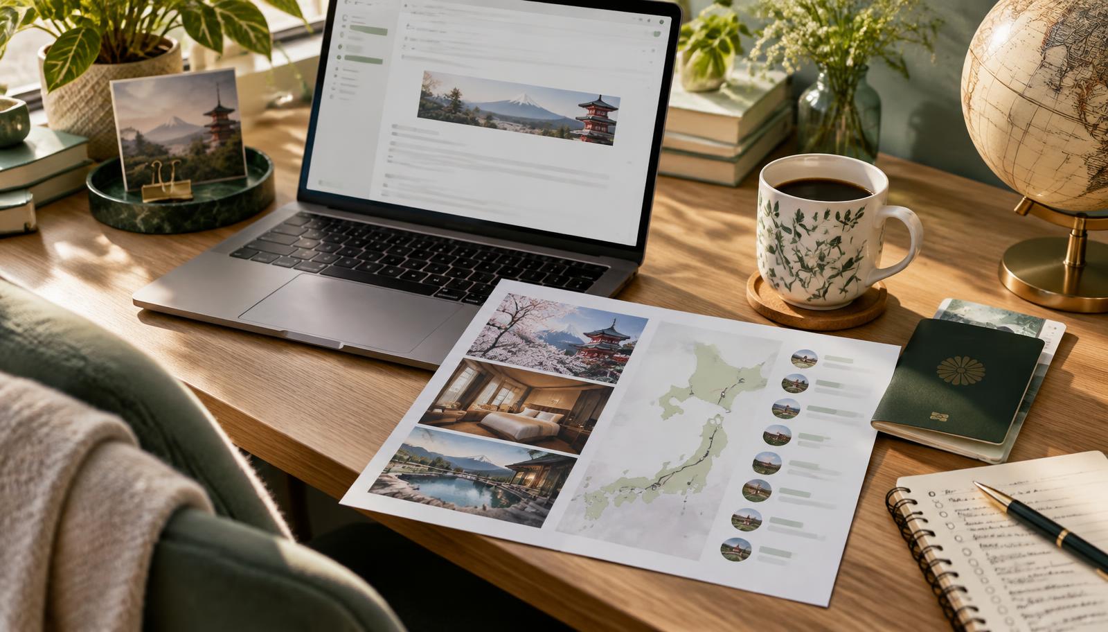 Travel advisor desk with a printed itinerary, a passport and an email draft on a laptop