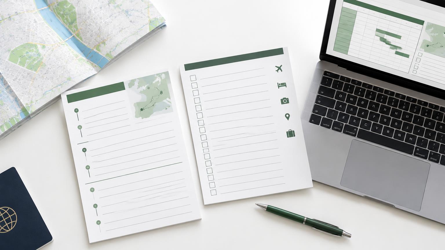 Travel itinerary, checklist, map and editable planning spreadsheet on a desk