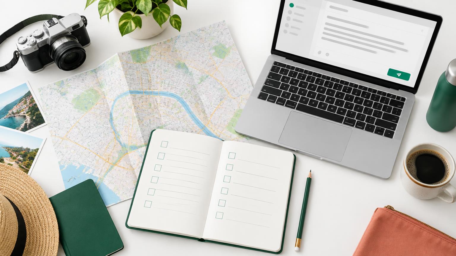 A camera, map and notebook beside a laptop email draft