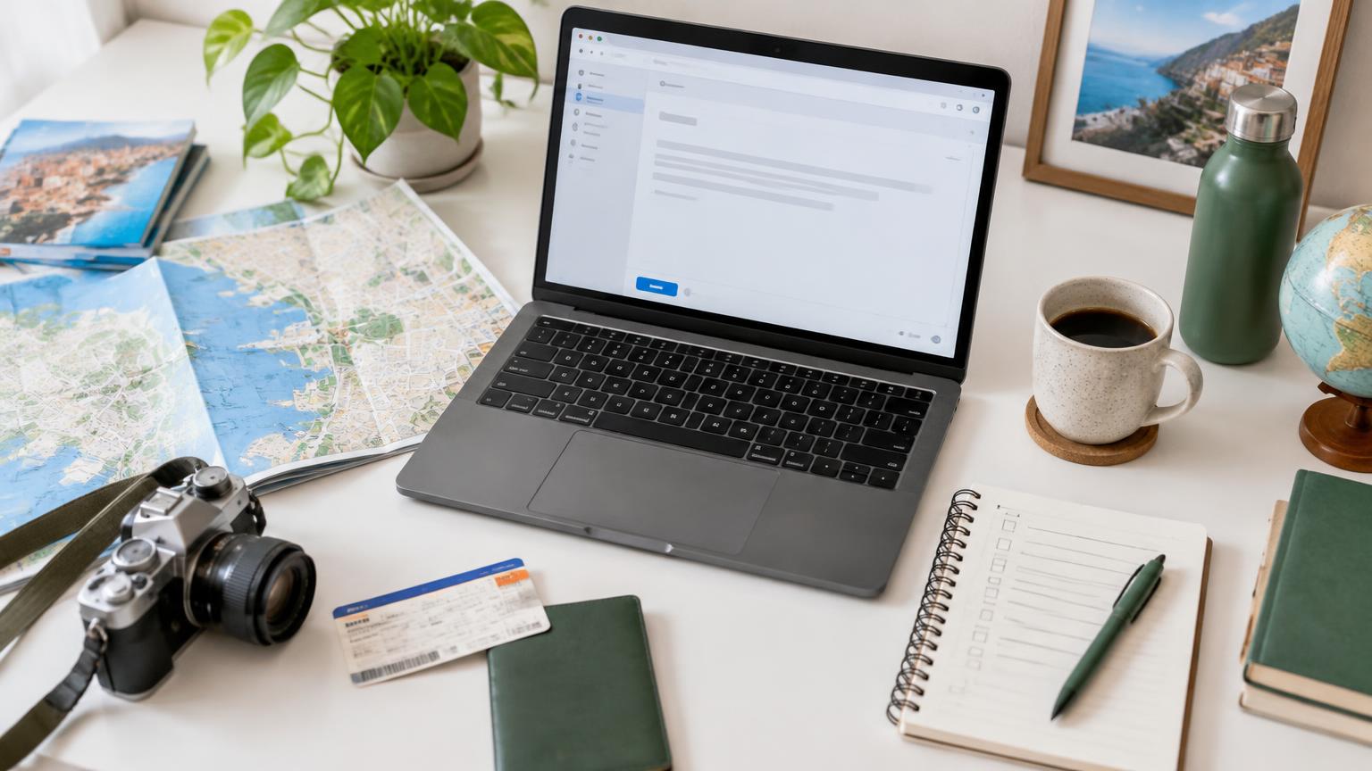 A travel blogger’s newsletter workspace with a laptop, map, camera and planning checklist